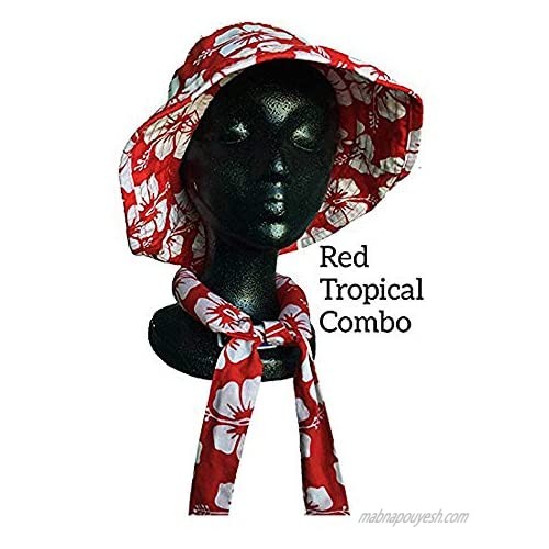 Blubandoo Cooling Floppy HatBandoo Size S/M & Neckbandoo Set. Red Tropical Print. UPF 50+ Excellent Sun Protection. Reversible and Crushable. Cool Travel Hat.