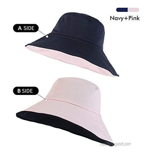 CACUSS Women's UPF 50+ Foldable Summer Sun Hats Reversible Wide Brim Beach Hat with Neck Protection Chin Strap Size M/L Pink