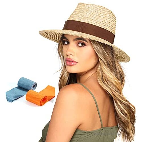 Cancan Sun Hat Womens Mens Wide Brim Straw Panama Hats Fedora Summer Beach Hat UPF 50+ Unisex with 3 Colors Ribbon Removable Beige