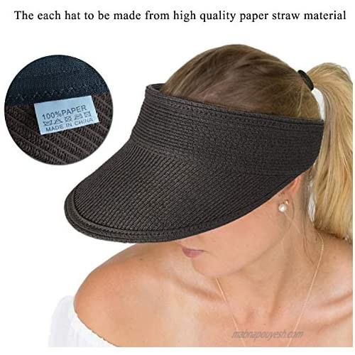 choshion Straw Sun Visor Hats for Women Wide Brim Visors Roll Up Ponytail Summer Beach Hat UV UPF Packable Foldable Travel