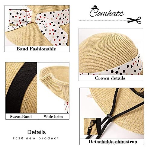 Comhats Summer Beach Straw Hat for Women Sun UV Protection Foldable Wide Brim SPF 50 Crushable Fashion Medium Beige