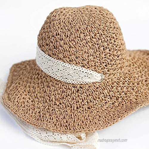 COMMADONNA Lovely Summer Packable Straw Chin Lace Strap with Eyelet Beach Hat (Light Beige)