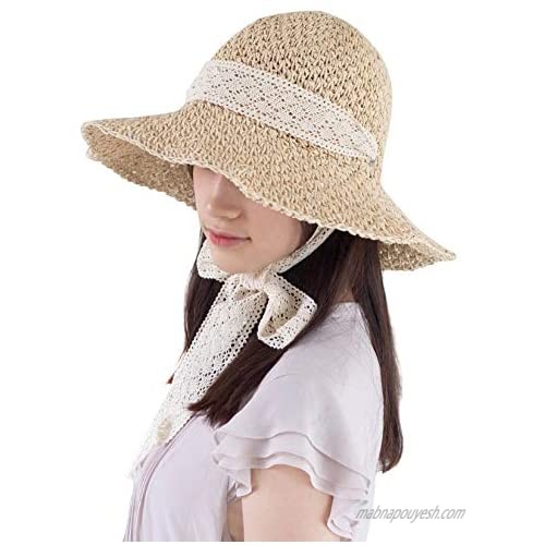 COMMADONNA Lovely Summer Packable Straw Chin Lace Strap with Eyelet Beach Hat (Light Beige)