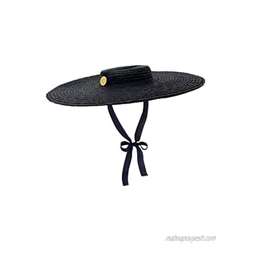 Cuckoo B Kelly Wheat Straw Boater Wide Brim Hat with Ribbon Black