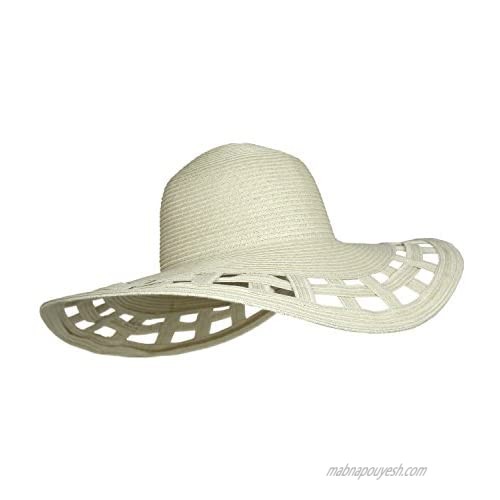 Cute Straw Derby Sun Hat w/Square Cut-Outs  Wide Brim Floppy Beach Cap