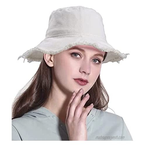 Eohak Distressed Bucket-Hat Cotton-Washed Women Summer Wide-Brim