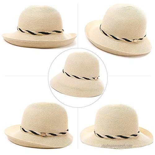 Fancet Packable Beach Rolled Brim Straw Panama Cloche Derby Summer Sun Hat String for Women