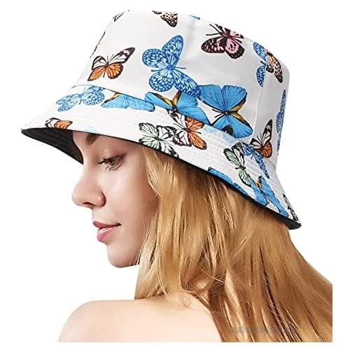 GEMVIE Women Sun Hat Bucket Hat Reversible Summer Hat with Butterfly Print