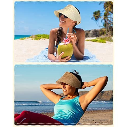 Harrhys 2 Pieces Beach Hats for Women Wide Brim Straw Hats Roll-up Foldable Sun Visor Hats UV Protection Hats Beige and Khaki