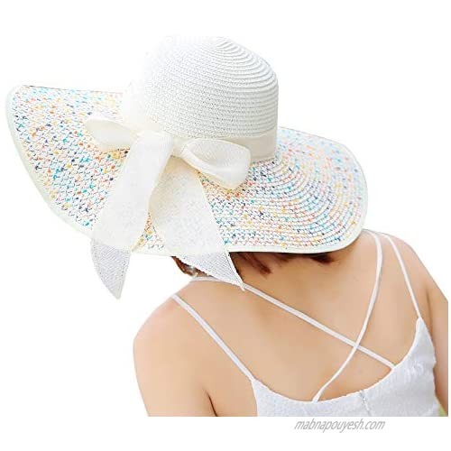 Hello2U Women's Big Brim Sun Hat Floppy Foldable Bowknot Straw Hat Summer Beach Hat Dark Blue