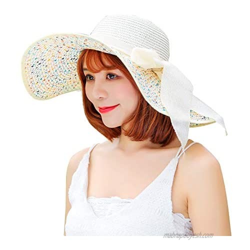 Hello2U Women's Big Brim Sun Hat Floppy Foldable Bowknot Straw Hat Summer Beach Hat  Dark Blue