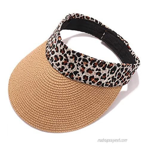 HZEYN Leopard Print Straw Visor Hat Wide Brim Roll-up Foldable Sun Hats Summer Beach Vacation Travel Accessories
