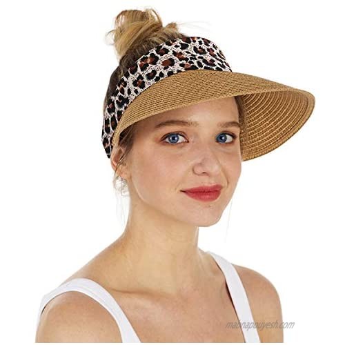HZEYN Leopard Print Straw Visor Hat Wide Brim Roll-up Foldable Sun Hats Summer Beach Vacation Travel Accessories