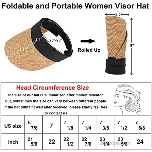 Jane Shine Beach Sun Hat Women Straw Visor Hats Roll Up Wide Brim Floppy UV Protection Foldable for Golf Summer Travel