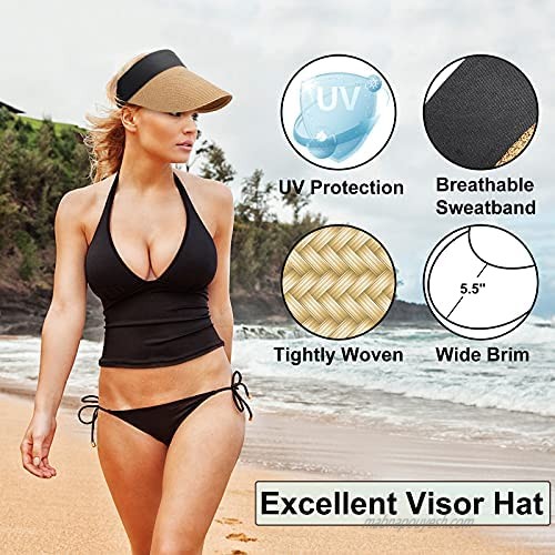 Jane Shine Beach Sun Hat Women Straw Visor Hats Roll Up Wide Brim Floppy UV Protection Foldable for Golf Summer Travel