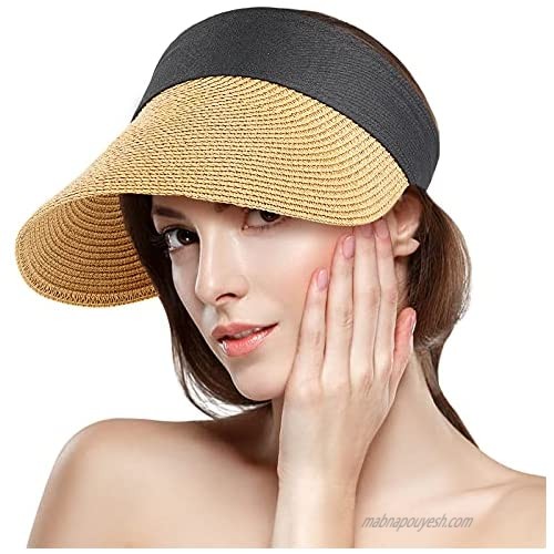 Jane Shine Beach Sun Hat  Women Straw Visor Hats Roll Up Wide Brim Floppy UV Protection Foldable for Golf Summer Travel
