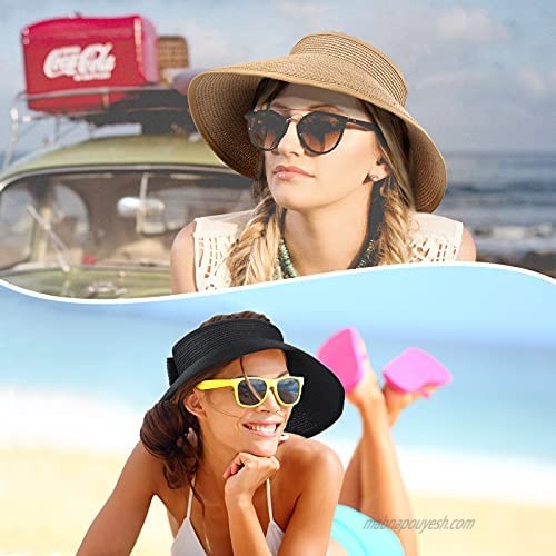 JenPen 3 Pieces Women Roll-up Straw Sun Caps Sun Visor Hats Wide Brim Sun Hats Foldable Summer Beach Hats with Bowtie