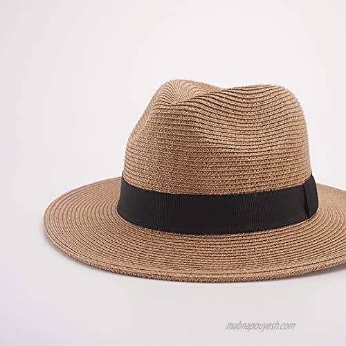 Joywant Abby Straw Sun Hat for Women with UV Protection Wide Brim Wind Lanyard Travel Foldable Summer Beach Hat Panama Fedora-Brown