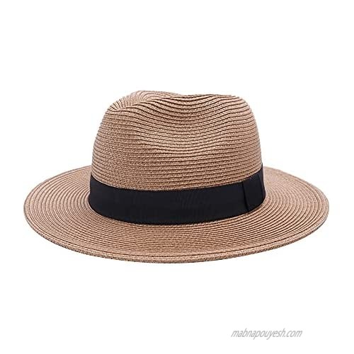 Joywant Abby Straw Sun Hat for Women with UV Protection Wide Brim Wind Lanyard Travel Foldable Summer Beach Hat Panama Fedora-Brown