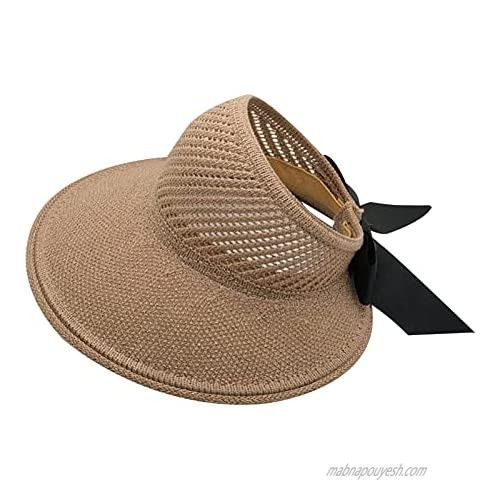 LABANCA Women Straw Hats Sun Visors Roll Up Ponytail Summer Hat Foldable Wide Brim Bow Visor Hat