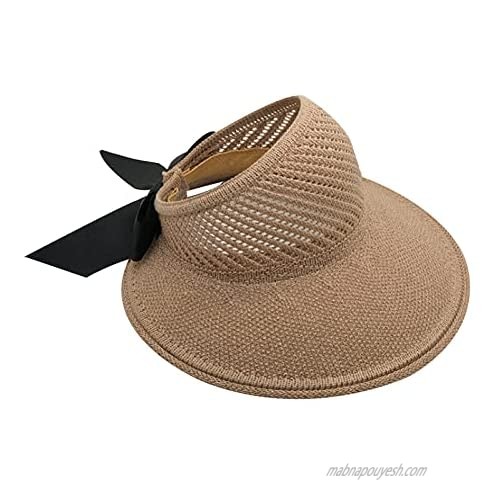 LABANCA Women Straw Hats Sun Visors Roll Up Ponytail Summer Hat Foldable Wide Brim Bow Visor Hat