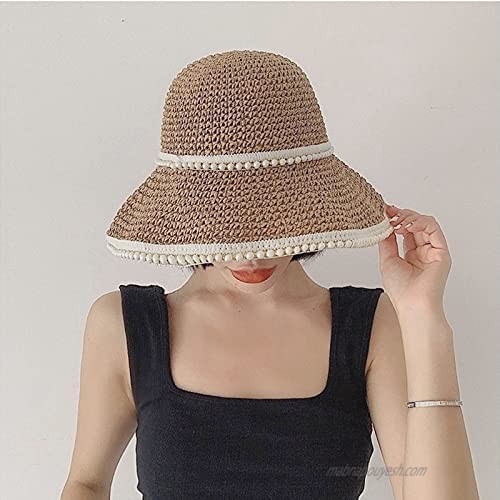 Meyaus Pearls Decor Straw Handmade Sunhat Outdoor Beach Sun Protection Fisherman Hat Bucket Hat