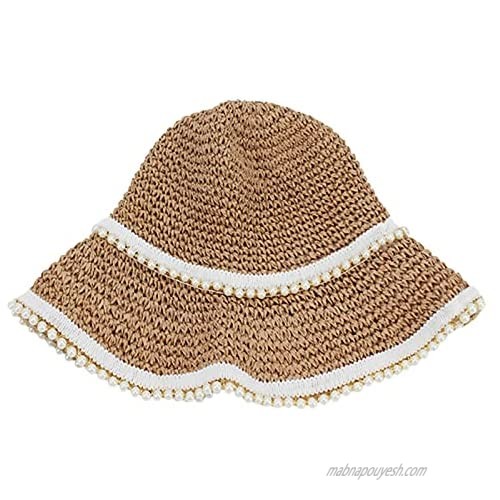 Meyaus Pearls Decor Straw Handmade Sunhat Outdoor Beach Sun Protection Fisherman Hat Bucket Hat