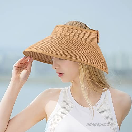 Obling Sun Visor Hats Visors for Women Sun Hats for Women Wide Brim Straw Roll Up Ponytail Beach Hat Straw Visors Hats