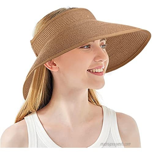 Obling Sun Visor Hats  Visors for Women  Sun Hats for Women Wide Brim Straw Roll Up Ponytail Beach Hat Straw Visors Hats