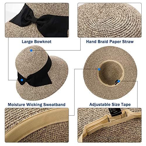 Packable Straw Panama Fedora Sun Hat for Small Head Women Beach SPF 50 Floppy Beige 54-56cm