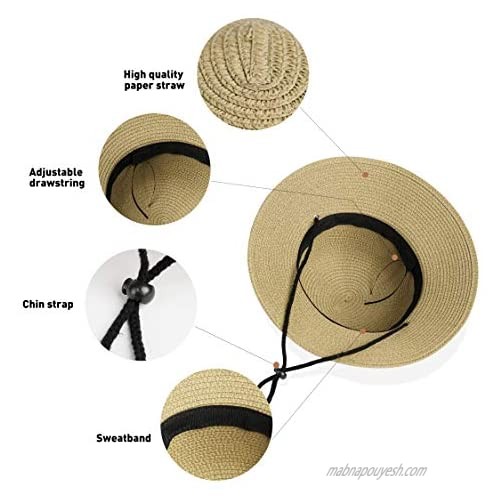 Straw Sun Hat for Women with UV Protection Wide Brim Chin Strap Floppy Hat Khaki