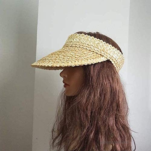 Straw Sun Visor Hat for Women Wide Brim Ponytail Summer Hat Floppy Foldable Cap (Beige)