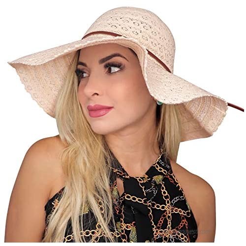 Summer Beach Sunhats for Women Outdoor Floppy Lace Belt Fedoras Detachable Foldable Hat Wide Brim