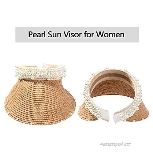 Summer Hats Women's Ladies Hats Beach Sun Visor Hats Wide Brim Foldable Straw Hats Pearl Decoration Sun Hat Khaki