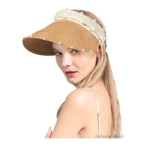 Summer Hats  Women's Ladies Hats  Beach Sun Visor Hats  Wide Brim Foldable Straw Hats  Pearl Decoration Sun Hat Khaki