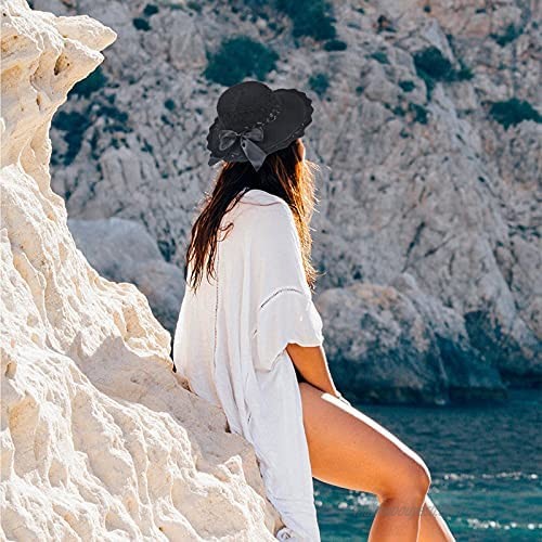 Summer Sun Hats for Women Wide Brim UV Protection Straw Sun Hat Foldable Mesh Beach Hats with Windproof Rope UPF50+(Black)