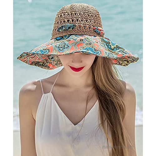 Sun Hat for Women Wide Brim Sun Straw Hat Summer Floppy Beach Sun Hat UV Sun Protection Packable Hat
