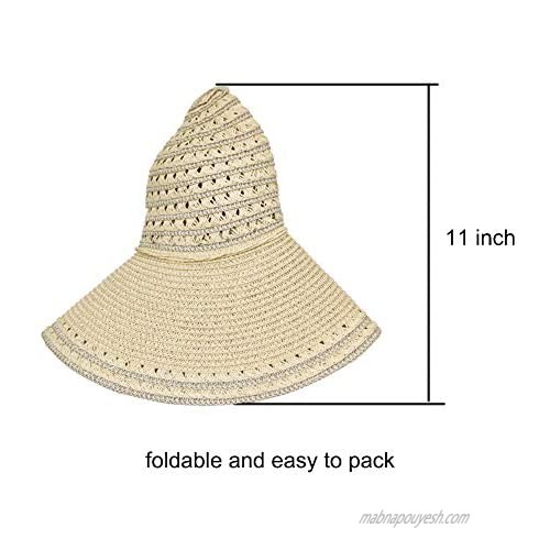 Sun Hats for Women Summer Straw Hat Beige Wide Brim with Inlaid Silver Thread Foldable Package for Beach Sunbonnet Outdoor Activities