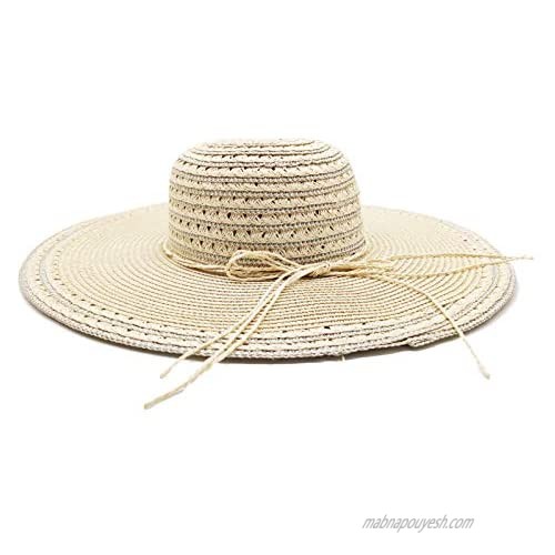 Sun Hats for Women Summer Straw Hat Beige Wide Brim with Inlaid Silver Thread Foldable Package for Beach Sunbonnet Outdoor Activities