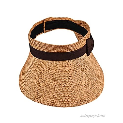 Sun Visor Hats Women Large Brim Straw Hats  Women's Summer Foldable Bow Beach Hats  Women's UV Protection Hats Brown