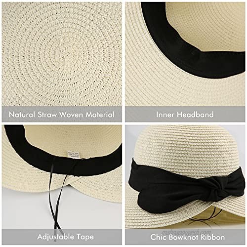 Surblue Womens Straw Sun Hat Wide Brim Foldable Panama Roll up Cap Fedora Beach Sun Hat UPF50+