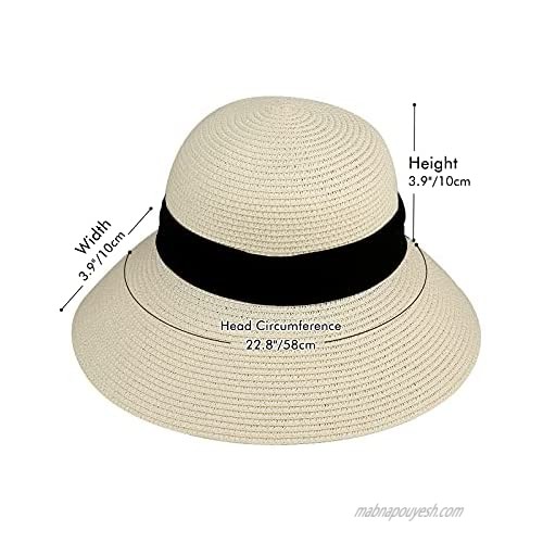 Surblue Womens Straw Sun Hat Wide Brim Foldable Panama Roll up Cap Fedora Beach Sun Hat UPF50+