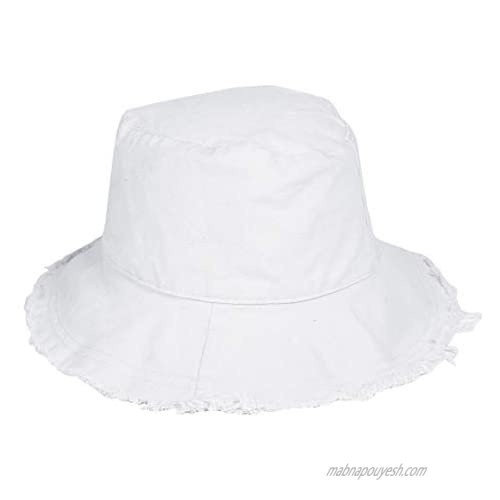 UTOWO Distressed Bucket-Hats Cotton-Washed Women Summer Wide-Brim (White)