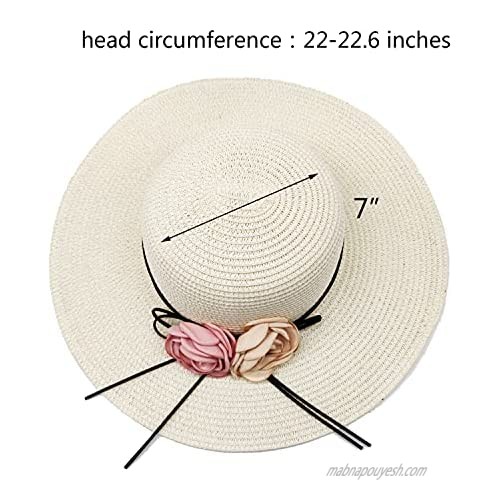 White Summer Sun Hat with Decorative Flowers Wide Brim Foldable Roll Up Cap for Women Kids Accessories Beach Travel Outdoor Activities