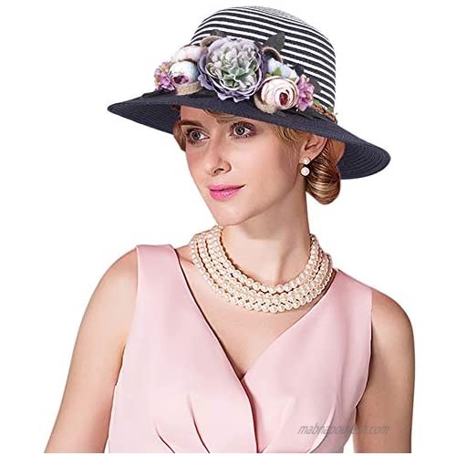 Women Elegant Floral Decoration Straw Cloche Bucket Sun Hat