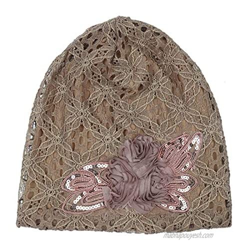 Women Fashion Lace Sequins Hollow Out Hat Butterfly Flower Decor Breathable Chemo Cap Head Cover