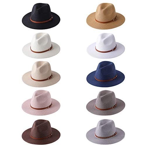 Women Fedora Sun Hat Summer Wide Brim Panama Straw Beach Hat with Leather Belt