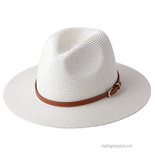 Women Fedora Sun Hat  Summer Wide Brim Panama Straw Beach Hat with Leather Belt