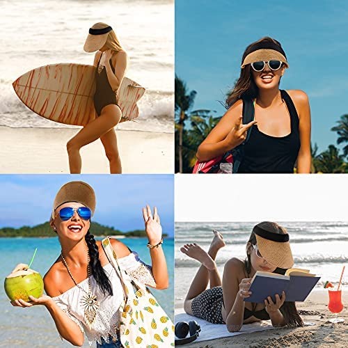 Women Straw Sun Visor Hat Sun Visors for Women uv Protection Large Brim Summer UV Protection Beach Cap Khaki