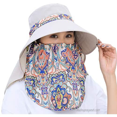 Women Summer Hat Garden Travel Sun Wide Brim UV Protection Fishing Hats Foldable Ponytail Detachable Flap